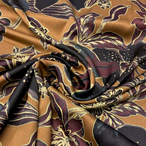 Marylene madou -  viscose satijn -bloemen op oker - 40€ /m