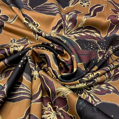 Marylene madou -  viscose satijn -bloemen op oker - 40€ /m