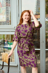 Atelier Jupe- Khaki viscose met paarse bloemen-  € 26 /m